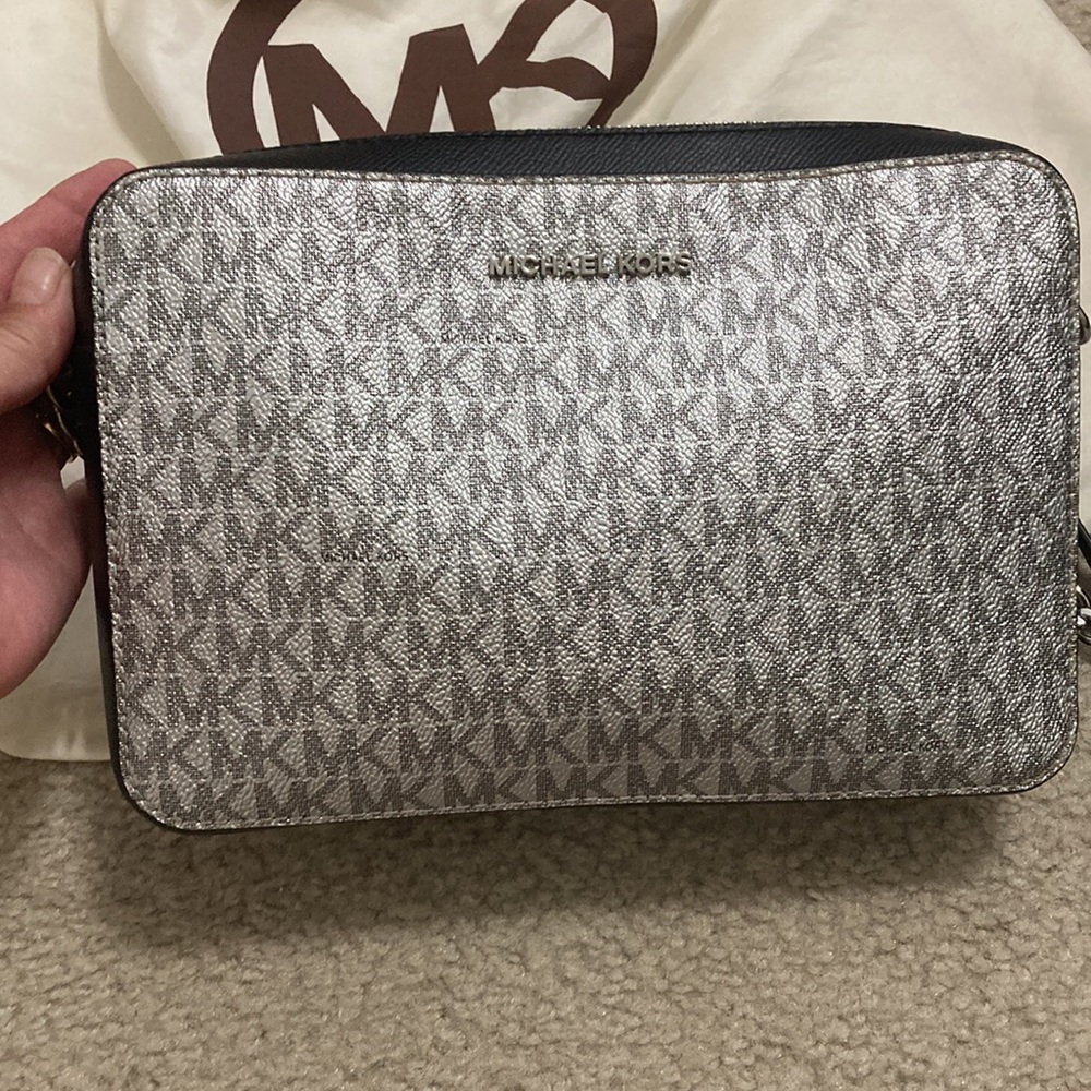 Michael Kors Gray/Brown Signature MK Crossbody with Black Trim
